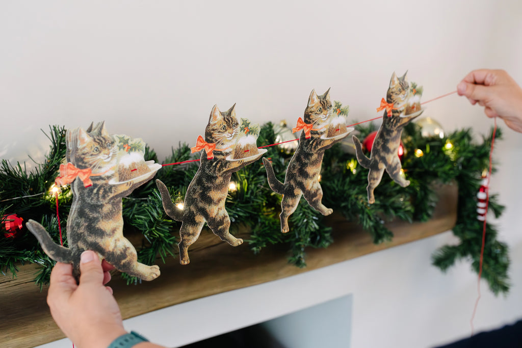 mamelok vintage-style paper die cut christmas garland tabby cat pudding red bow tie