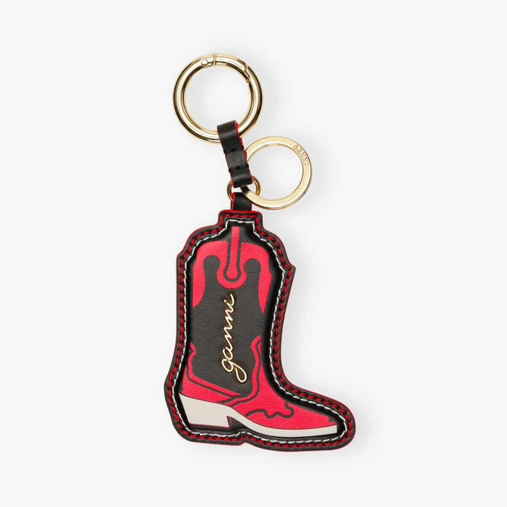 ganni cowboy western boot key ring bag charm black red gold hardware