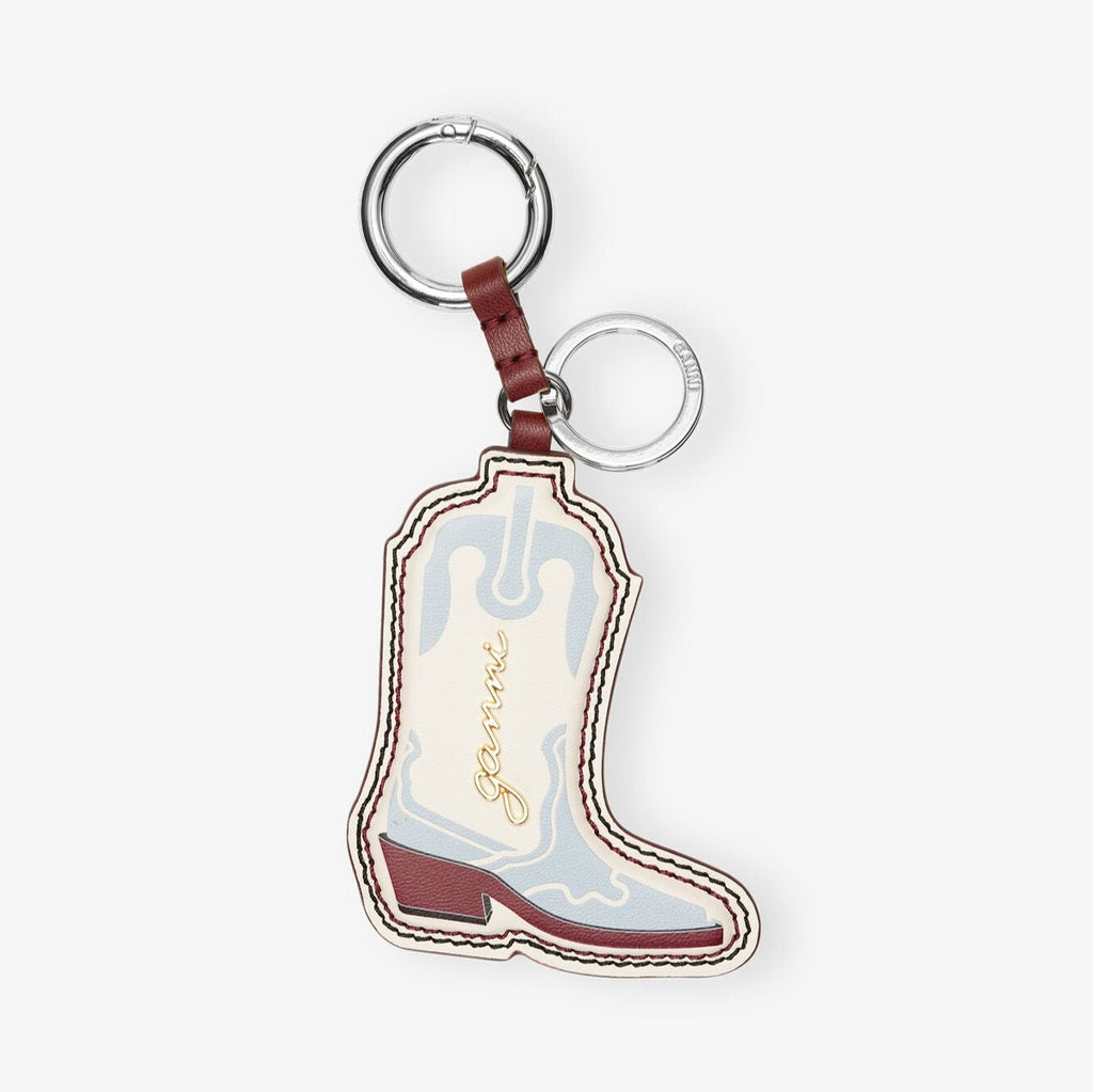 ganni cowboy western boot key ring bag charm white red blue silver