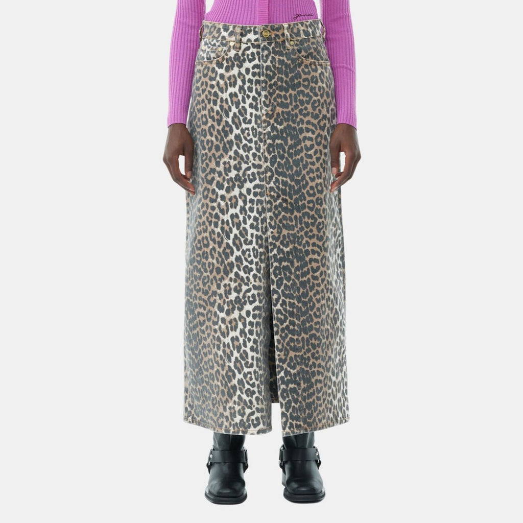 brown leopard print denim maxi skirt with high split GANNI