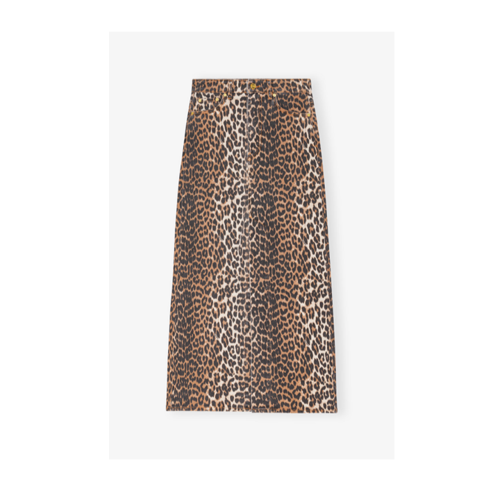 brown leopard print denim maxi skirt with high split GANNI