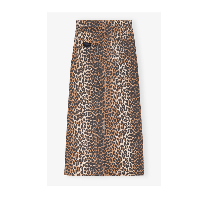 brown leopard print denim maxi skirt with high split GANNI