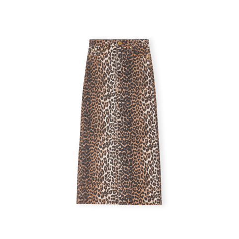 leopard print denim maxi skirt with high split by Ganni