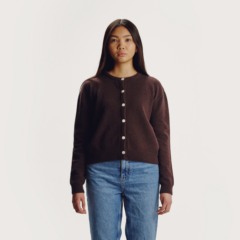 the gather poppy 100% lambswool button up crew neck cardigan dark brown