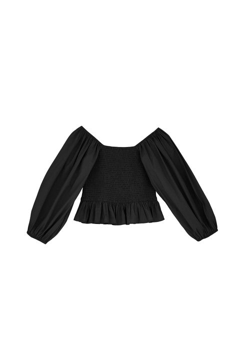 black smock cotton Evelyn top blouse with elbow length sleeves by Skall Studio