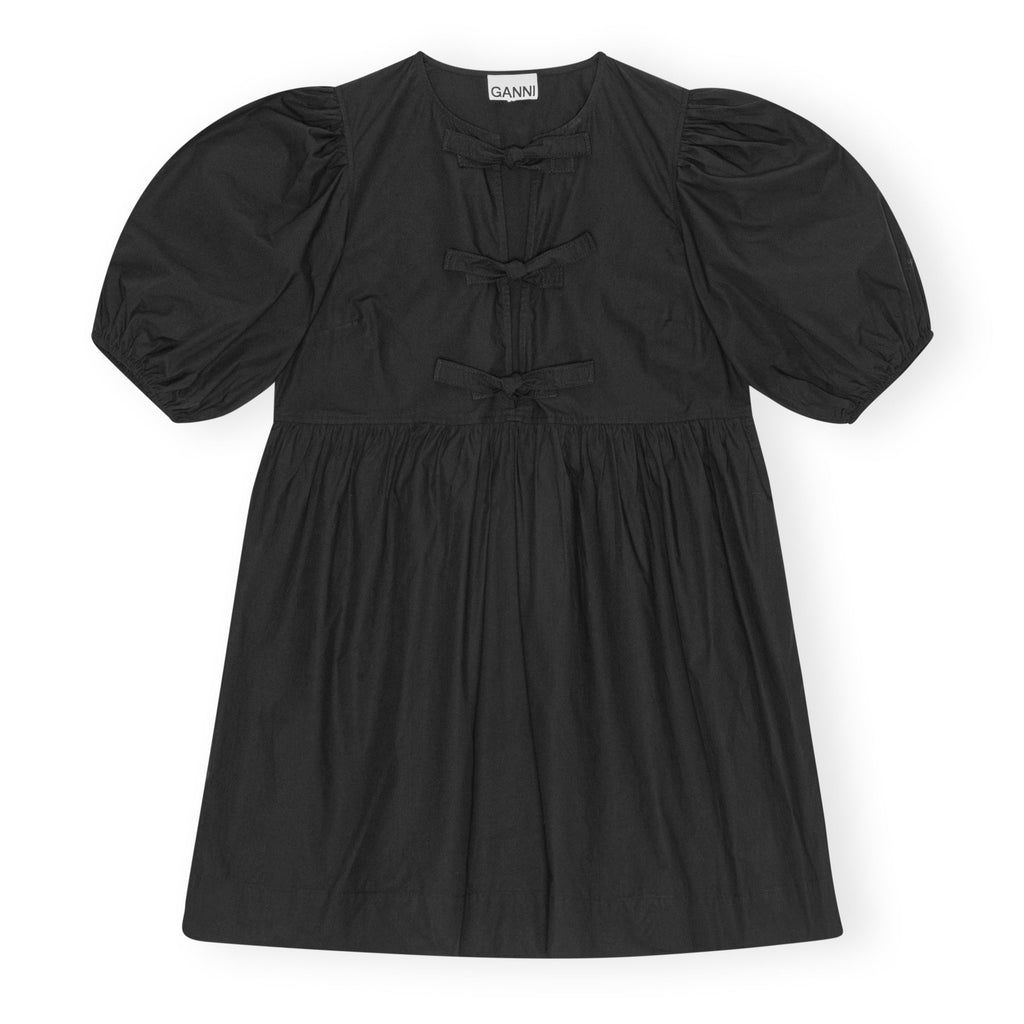 black cotton poplin mini dress with tie front by Ganni