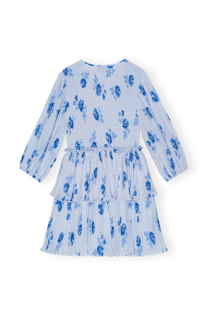  blue floral pleated georgette flounce ruffle smock mini dress by Ganni