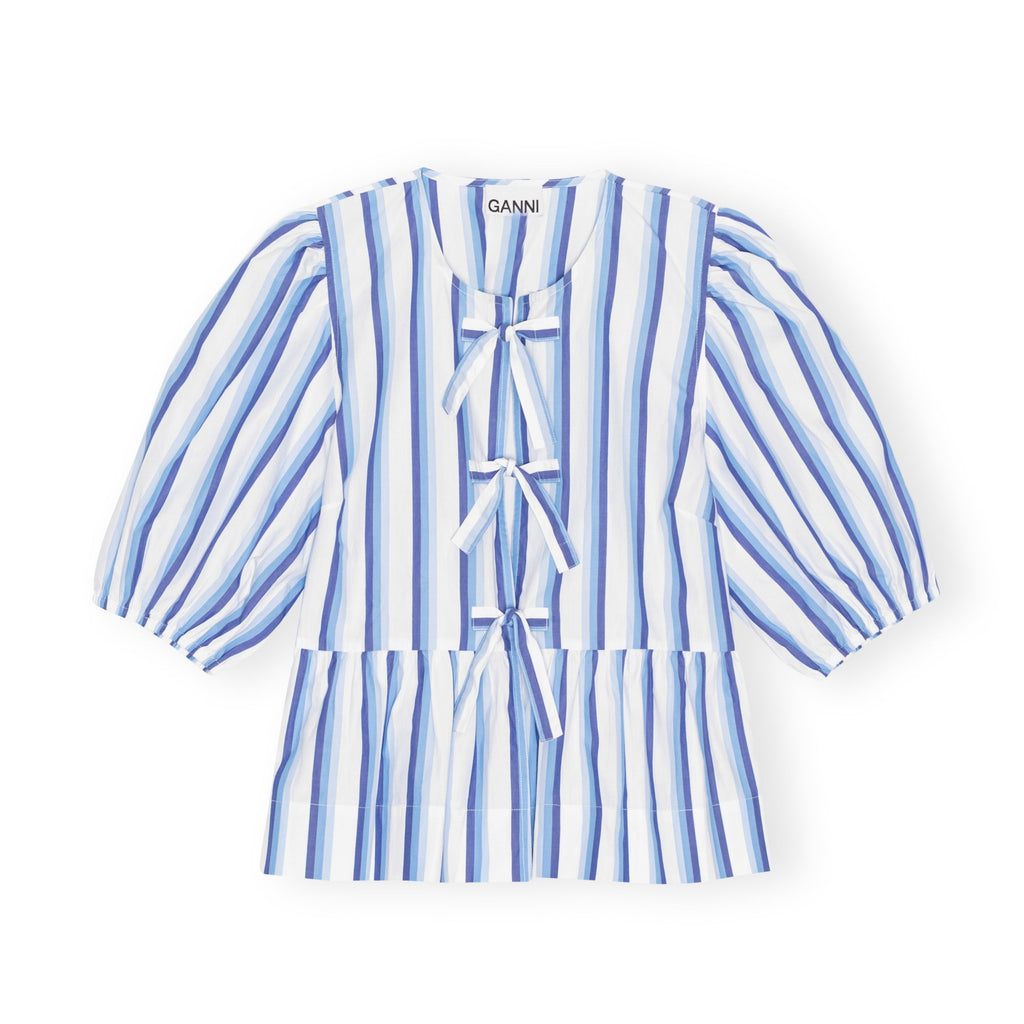 blue and white stripe tie front cotton peplum top by Ganni
