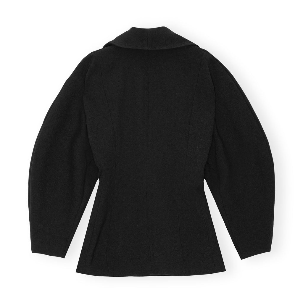 ganni black bonded crepe curve sleeve fitted jacket wide collar double zip