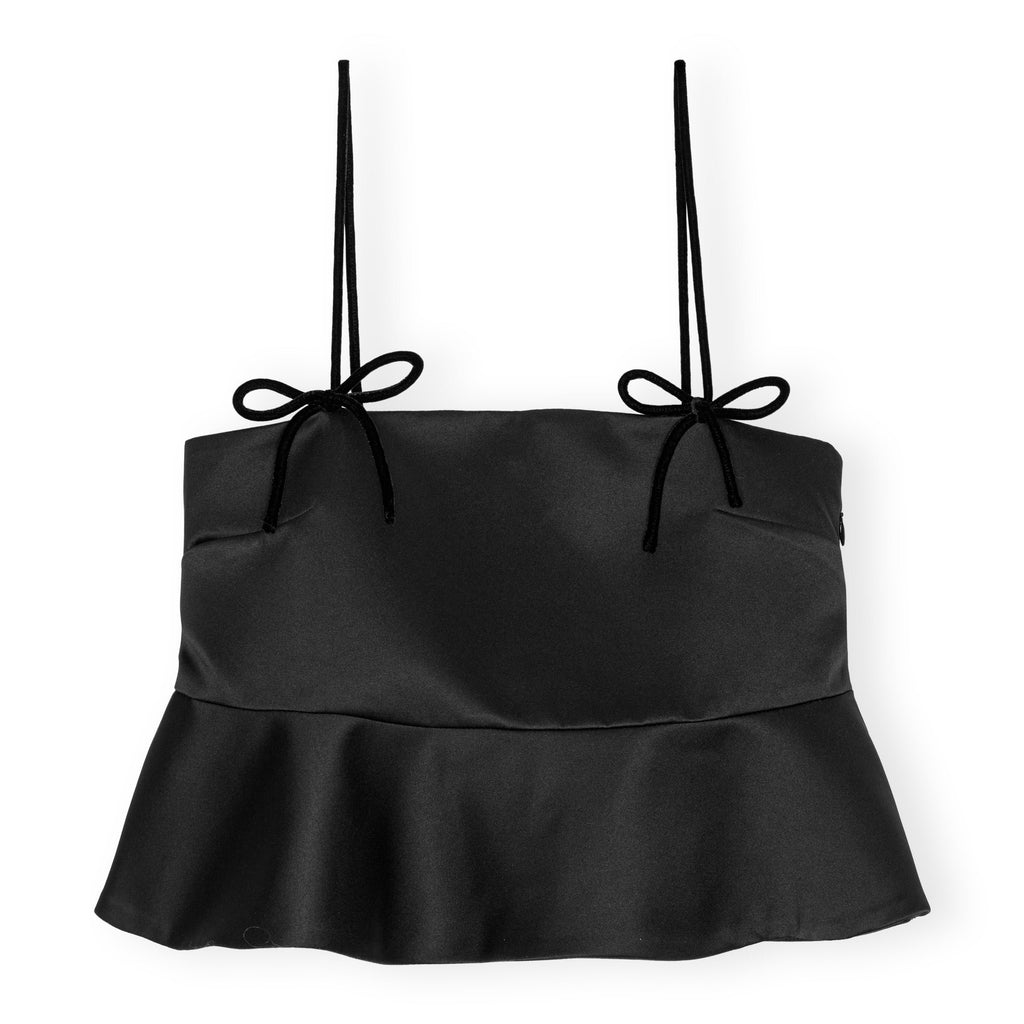 GANNI black duchesse satin top velvet bow straps peplum flounce hem