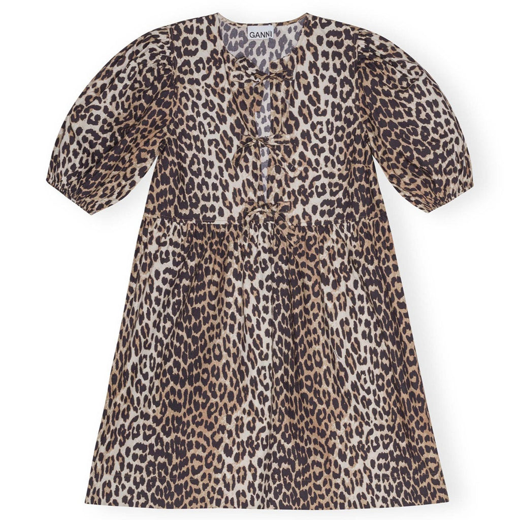 ganni cotton tie front string leopard print puff sleeve mini dress