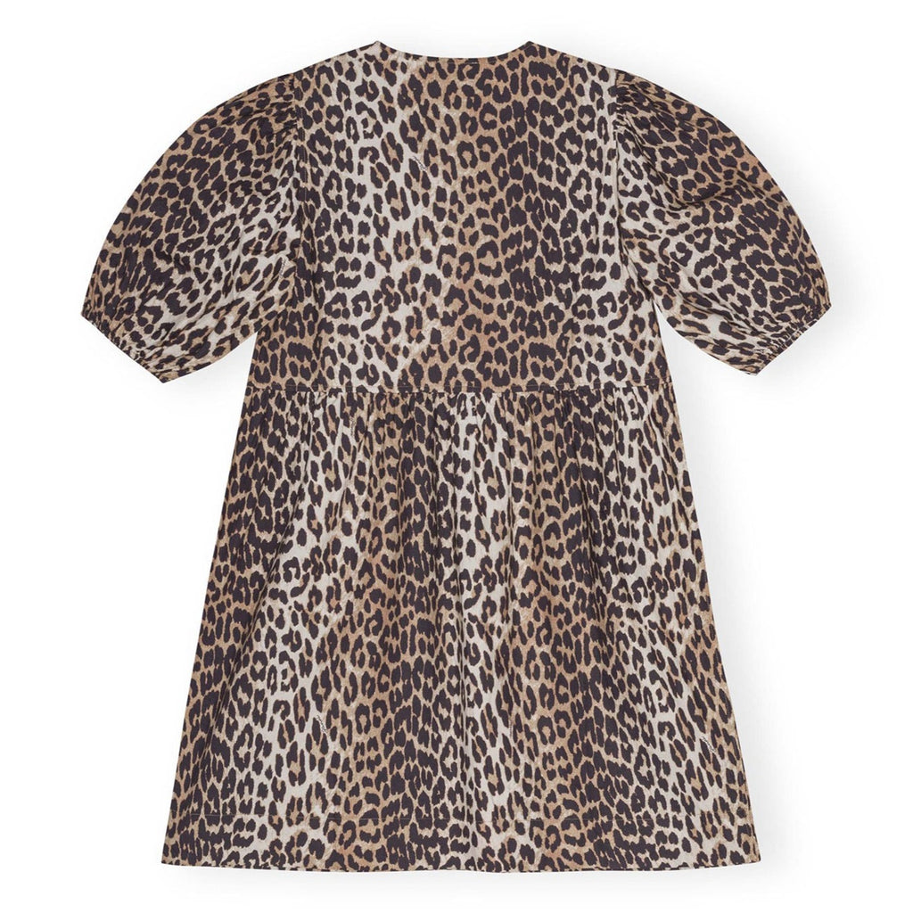 ganni cotton tie front string brown leopard print puff sleeve mini dress