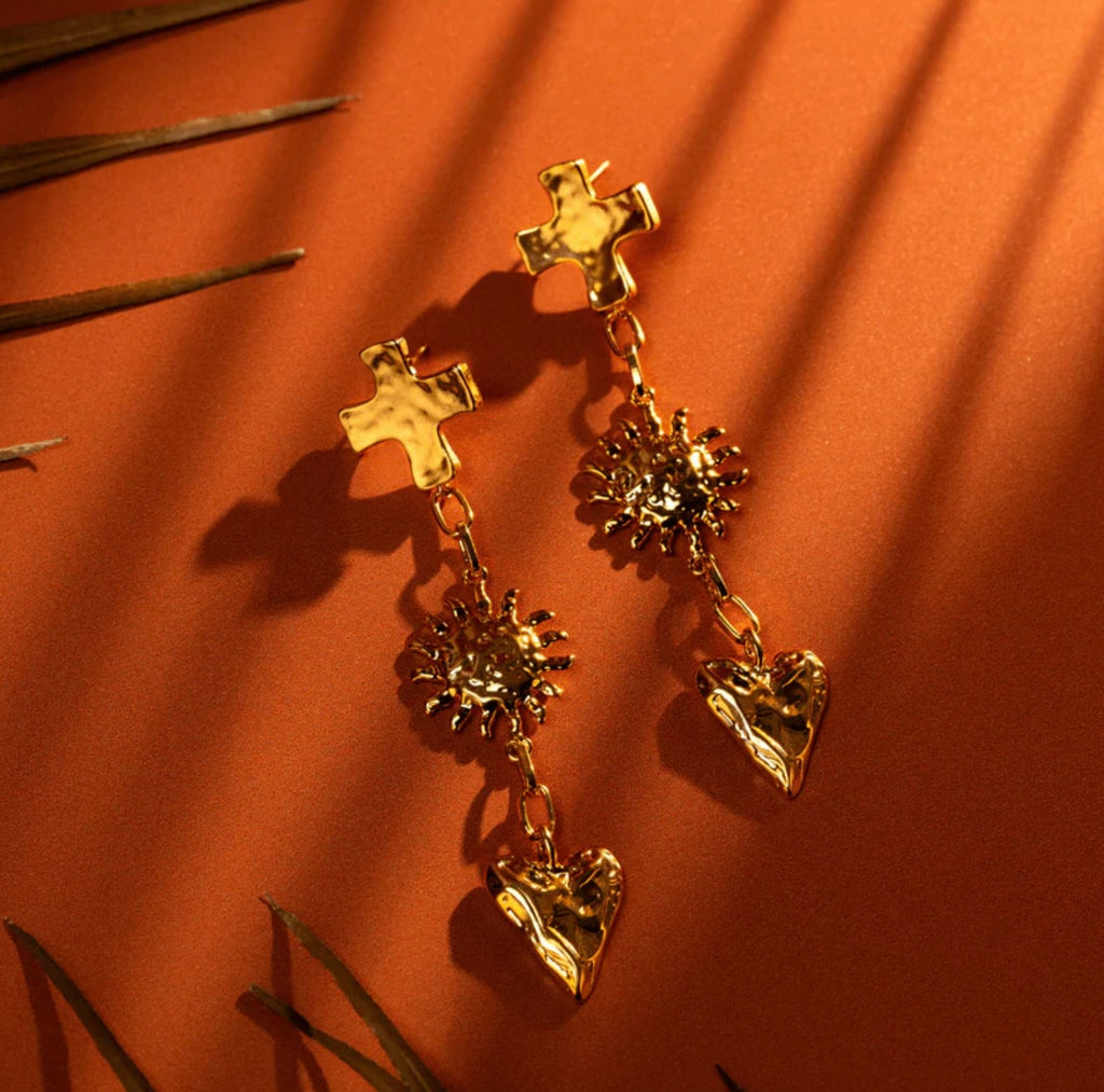Orelia Molten Statement Charm Drop Earrings cross sun heart