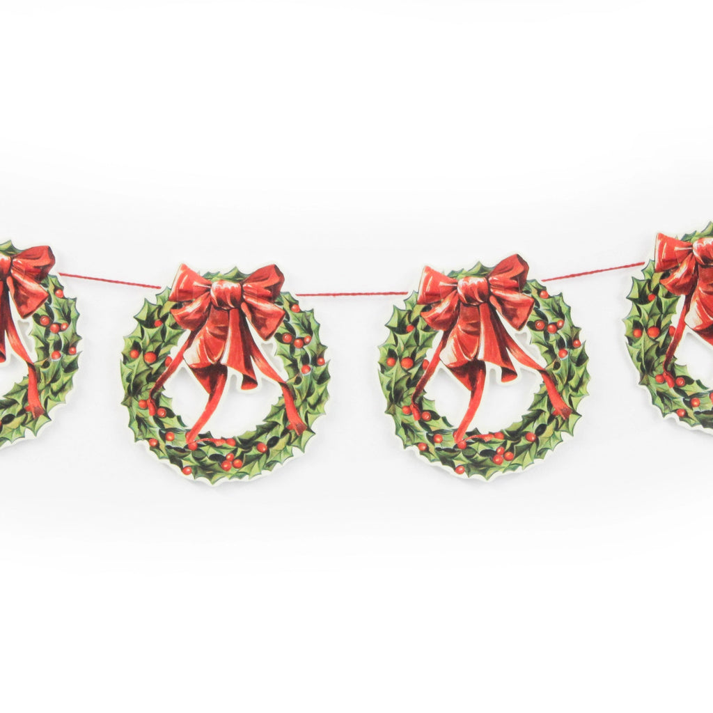 mamelok vintage-style paper die cut christmas garland holly wreath red ribbon