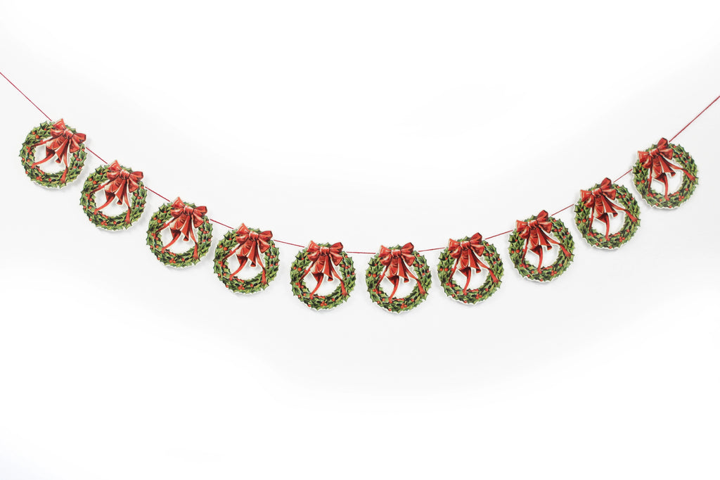 mamelok vintage-style paper die cut christmas garland holly wreath red ribbon