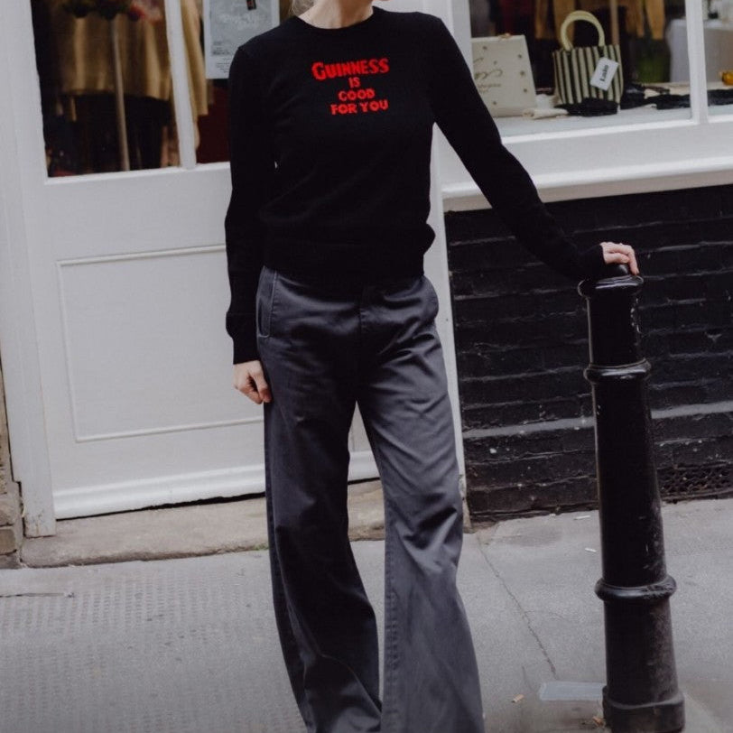 pickles knitwear guinness is good for you hand knitted jumper black red