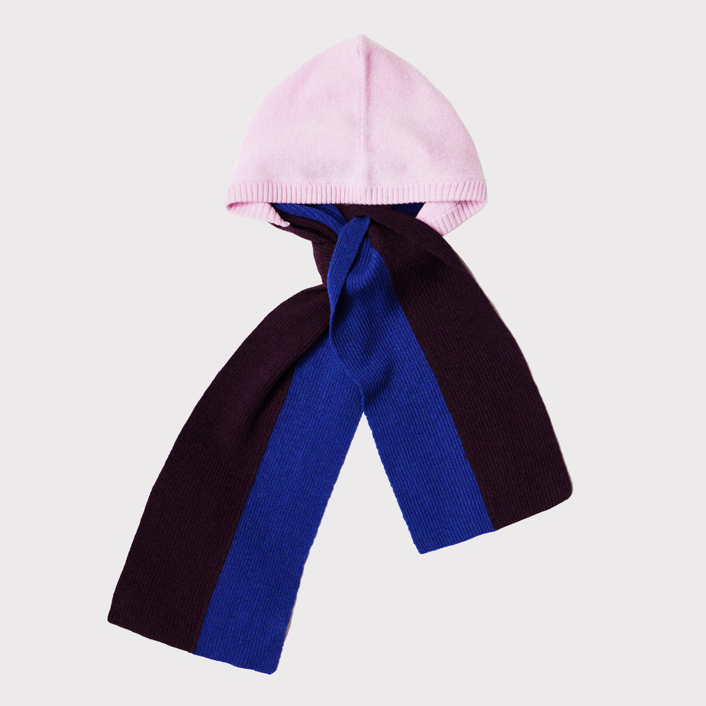 knitted wool scarf with hood in pink blue and burgundy by hades