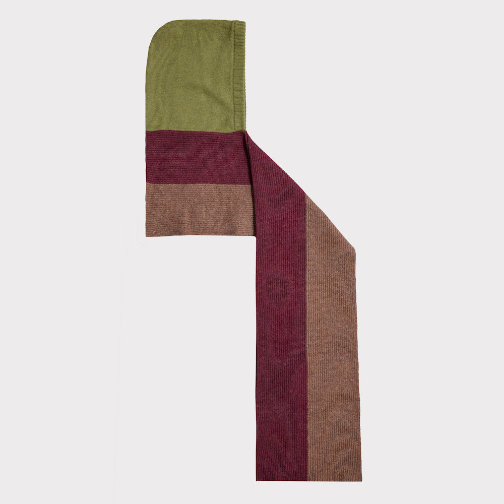 knitted wool scarf with hood in green brown and burgundy by hades