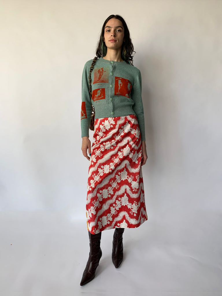 The Narcissus cardigan by UK brand HADES in turquoise and red 100% wool paul mescal gladiator