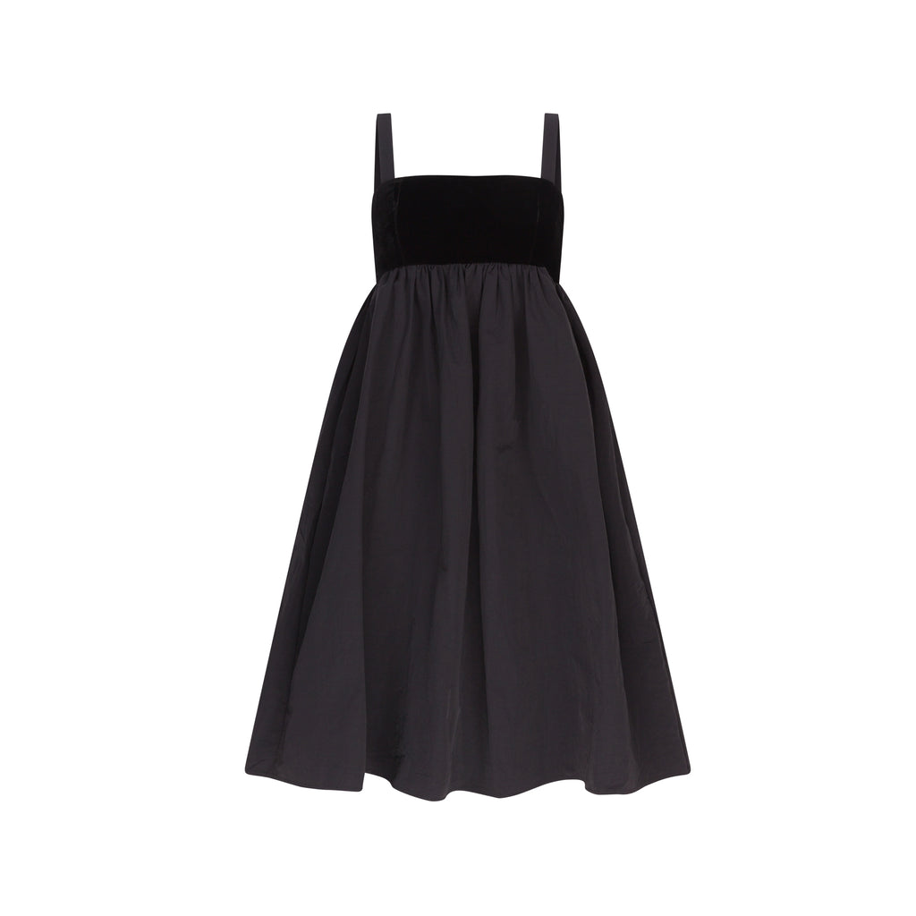 black empire line Babette dress with velvet bodice and silk skirt by Home of Hai