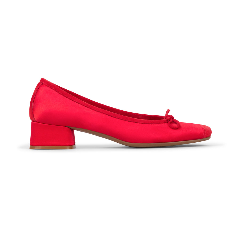 red silk satin KYRIEL ballet pump heels with suede trim and bow