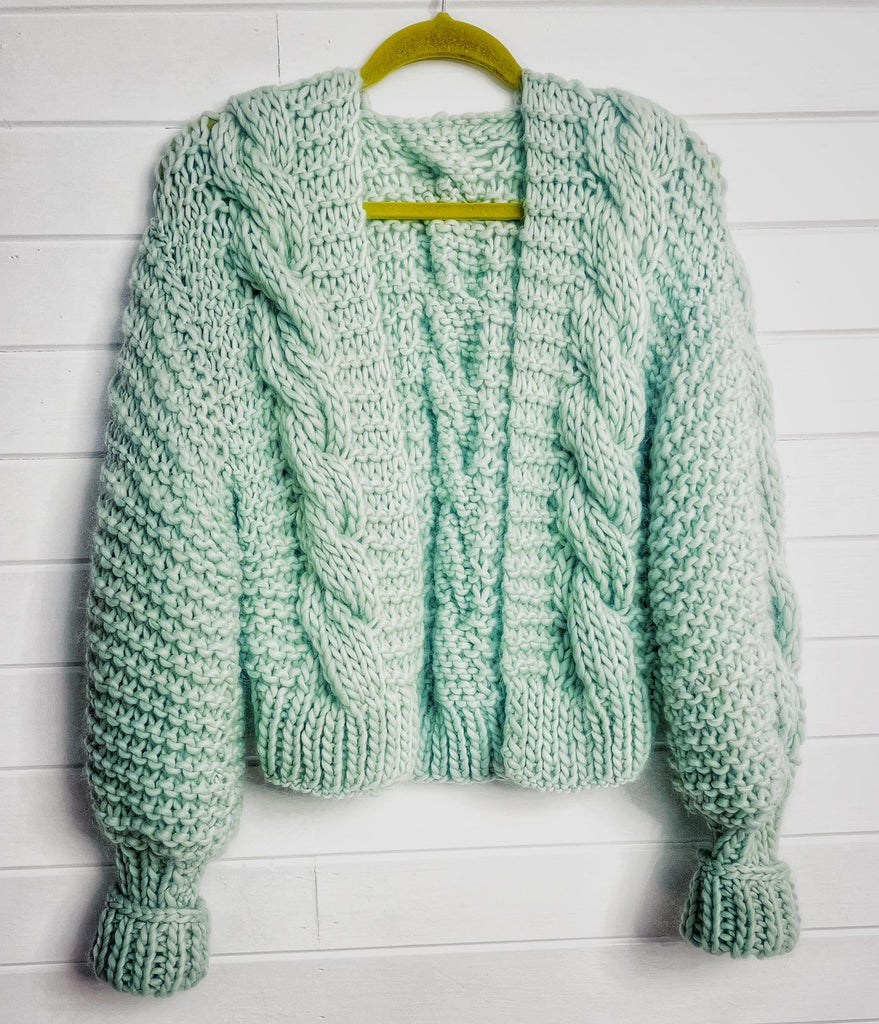 The Amie With a Twist - a chunky hand knitted cardigan with cable knit detail in peppermint green by WL Resting Stitch Face x PAVEMENT