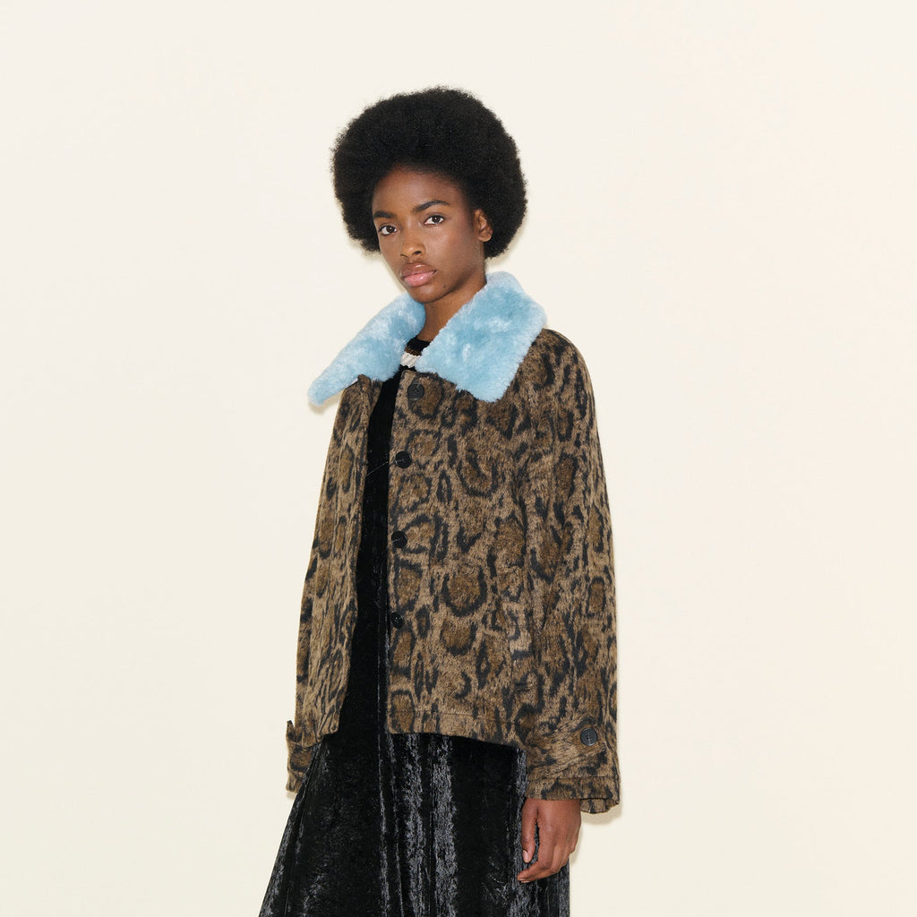 samdi JAMESON vintage style faux fur Leopard Print Jacket Blue detachable Collar