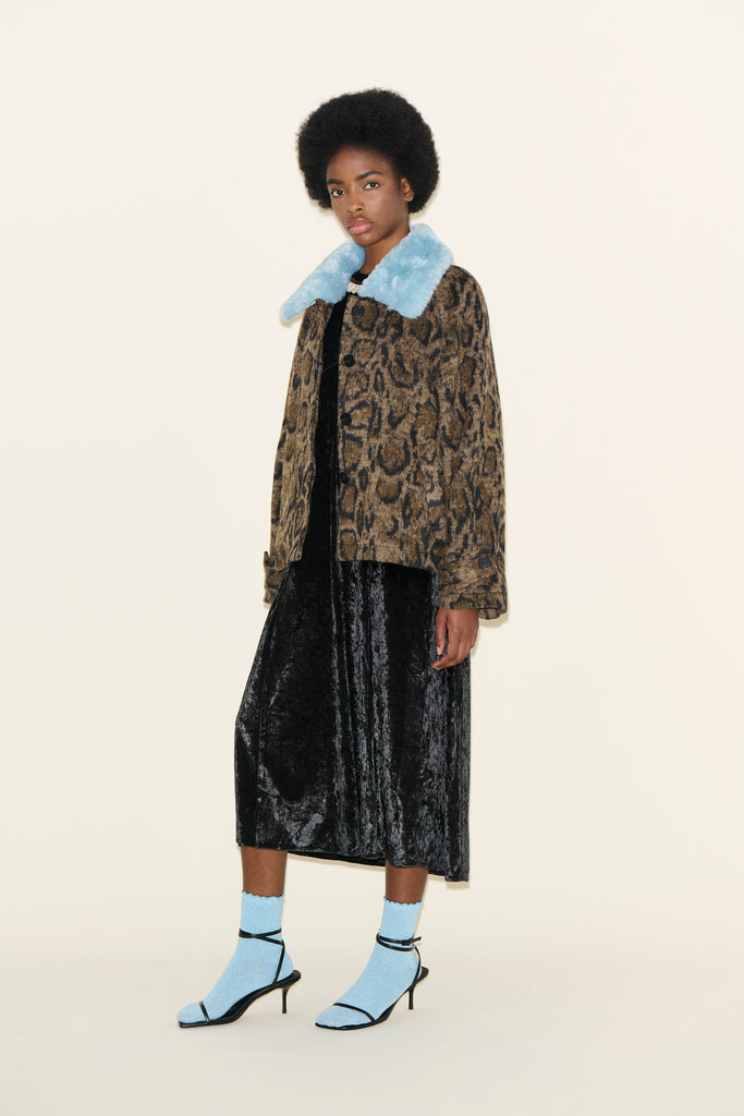 samdi JAMESON vintage style faux fur Leopard Print Jacket Blue detachable Collar