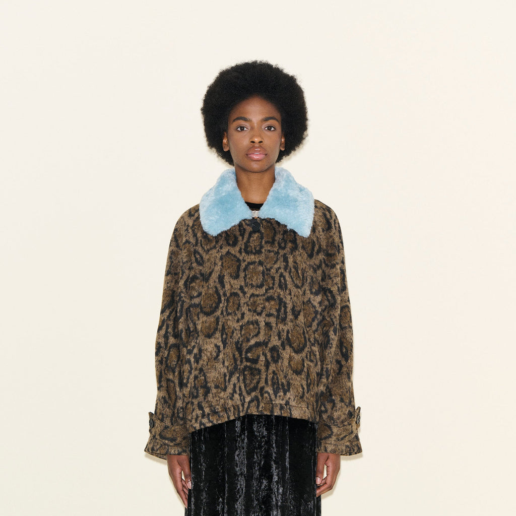 samdi JAMESON vintage style faux fur Leopard Print Jacket Blue detachable Collar