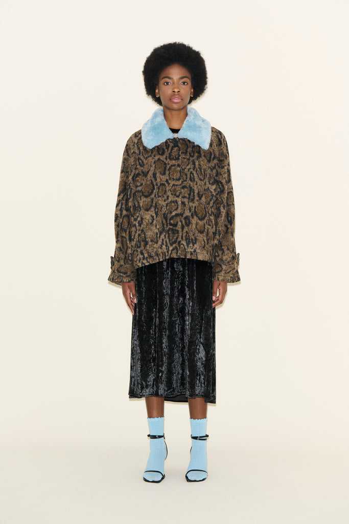 samdi JAMESON vintage style faux fur Leopard Print Jacket Blue detachable Collar