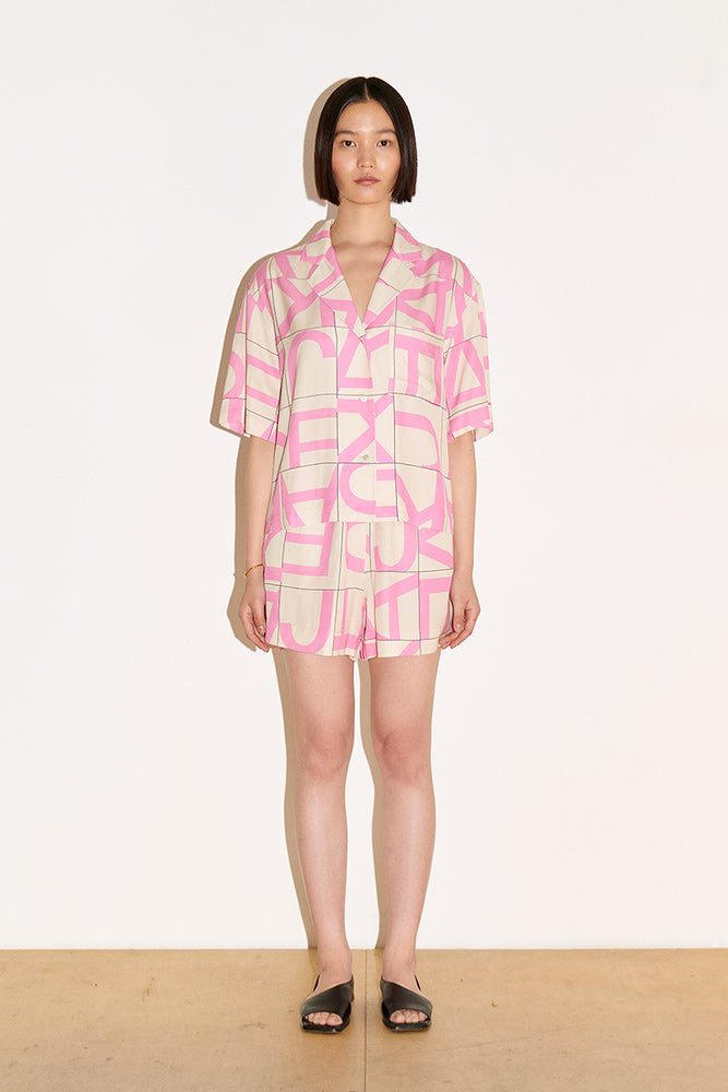 neon pink white print pyjama short sleeve button up Gianna shirt by Jakke