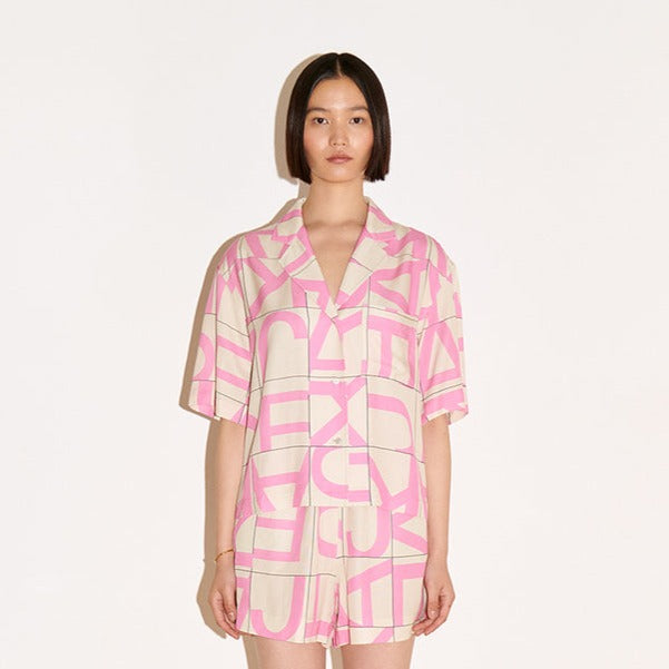 neon pink white print pyjama short sleeve button up Gianna shirt by Jakke