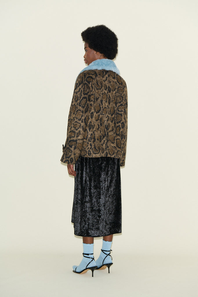 samdi JAMESON vintage style faux fur Leopard Print Jacket Blue detachable Collar