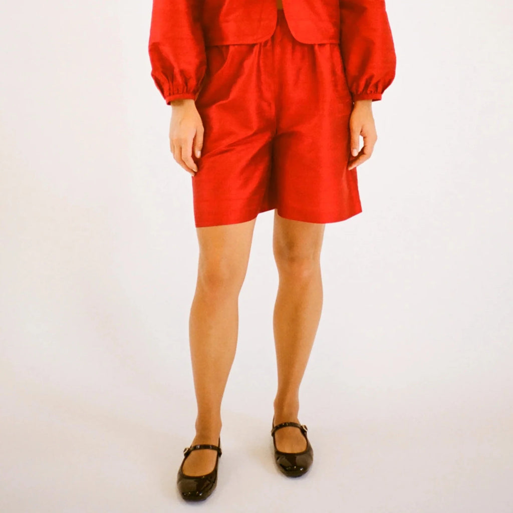 red dupion silk wide leg pull on Adeline shorts by Home of Hai