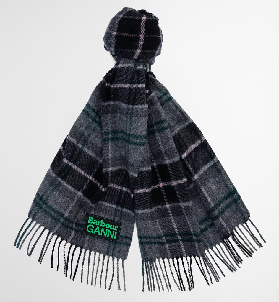 Barbour GANNI collab wool scarf winter tartan LSC0455TN51 grey check fringe A6452