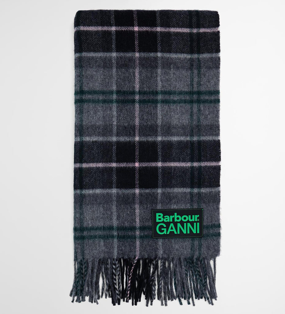 Barbour GANNI collab wool scarf winter tartan LSC0455TN51 grey check fringe A6452