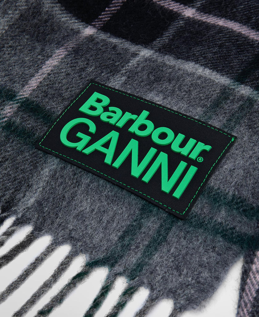 Barbour GANNI collab wool scarf winter tartan LSC0455TN51 grey check fringe A6452