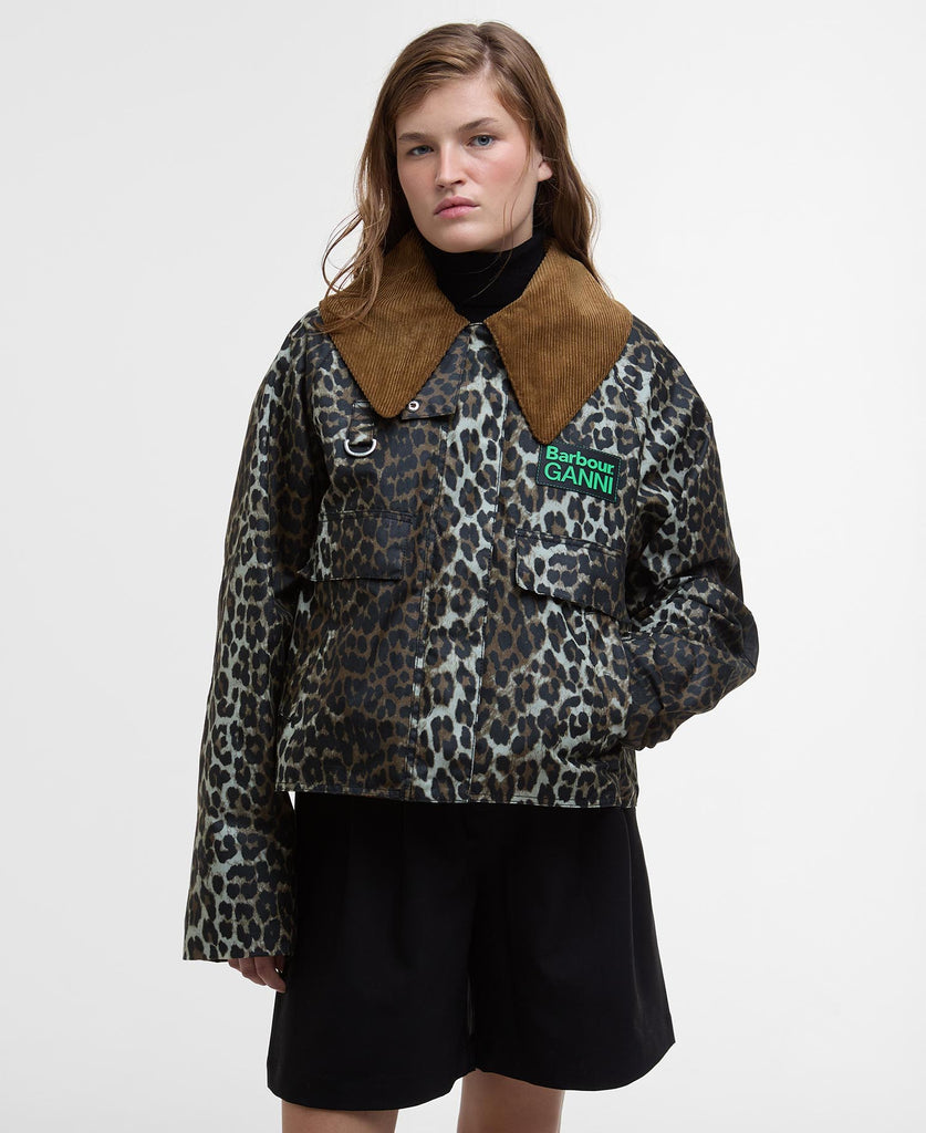 barbour GANNI collab printed leopard wax anorak cropped jacket oversized corduroy collar zip front green logo heritage LWX1454BK11 scandi F9752