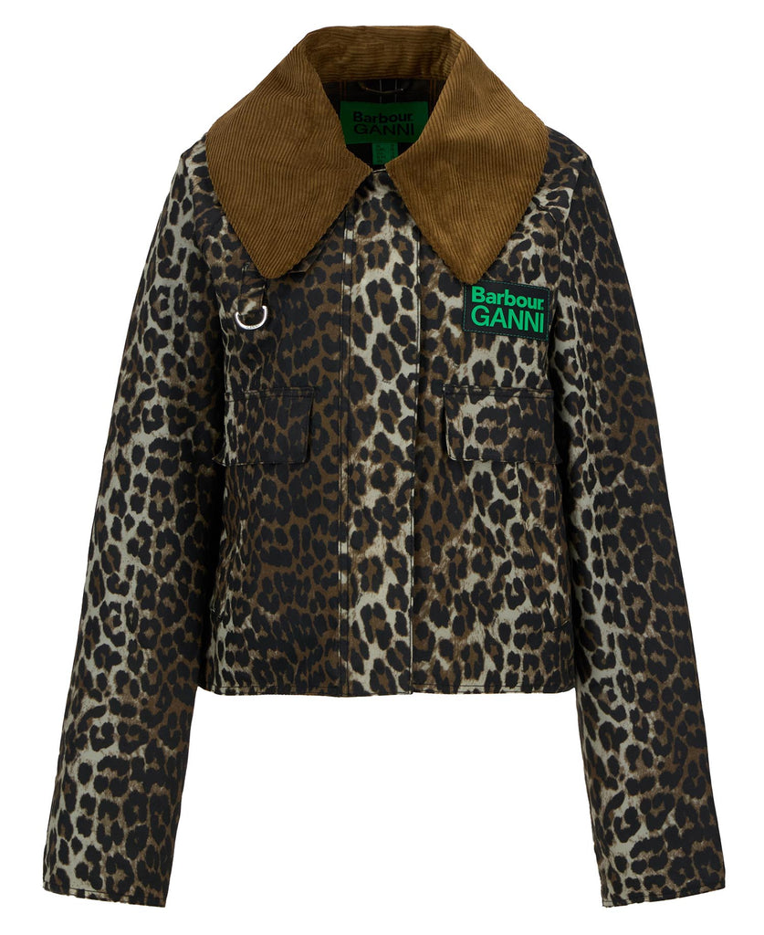 barbour GANNI collab printed leopard wax anorak cropped jacket oversized corduroy collar zip front green logo heritage LWX1454BK11 scandi F9752