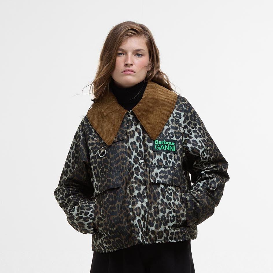 barbour GANNI collab printed leopard wax anorak cropped jacket oversized corduroy collar zip front green logo heritage LWX1454BK11 scandi F9752