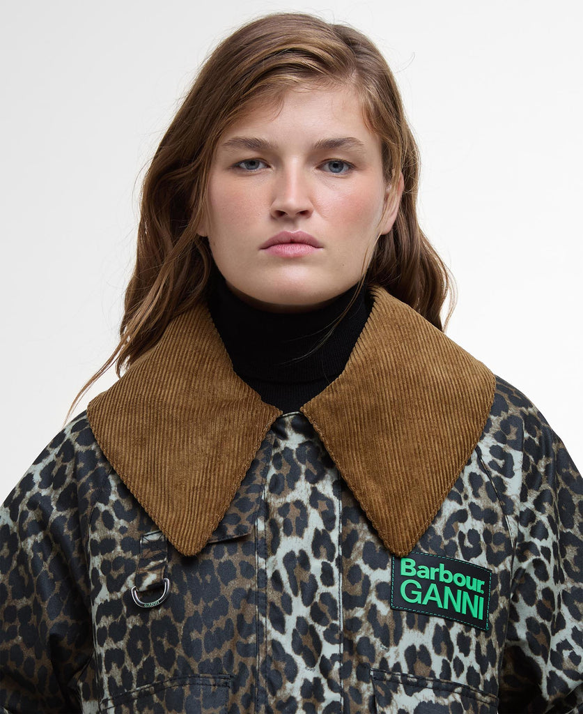 barbour GANNI collab printed leopard wax anorak cropped jacket oversized corduroy collar zip front green logo heritage LWX1454BK11 scandi F9752