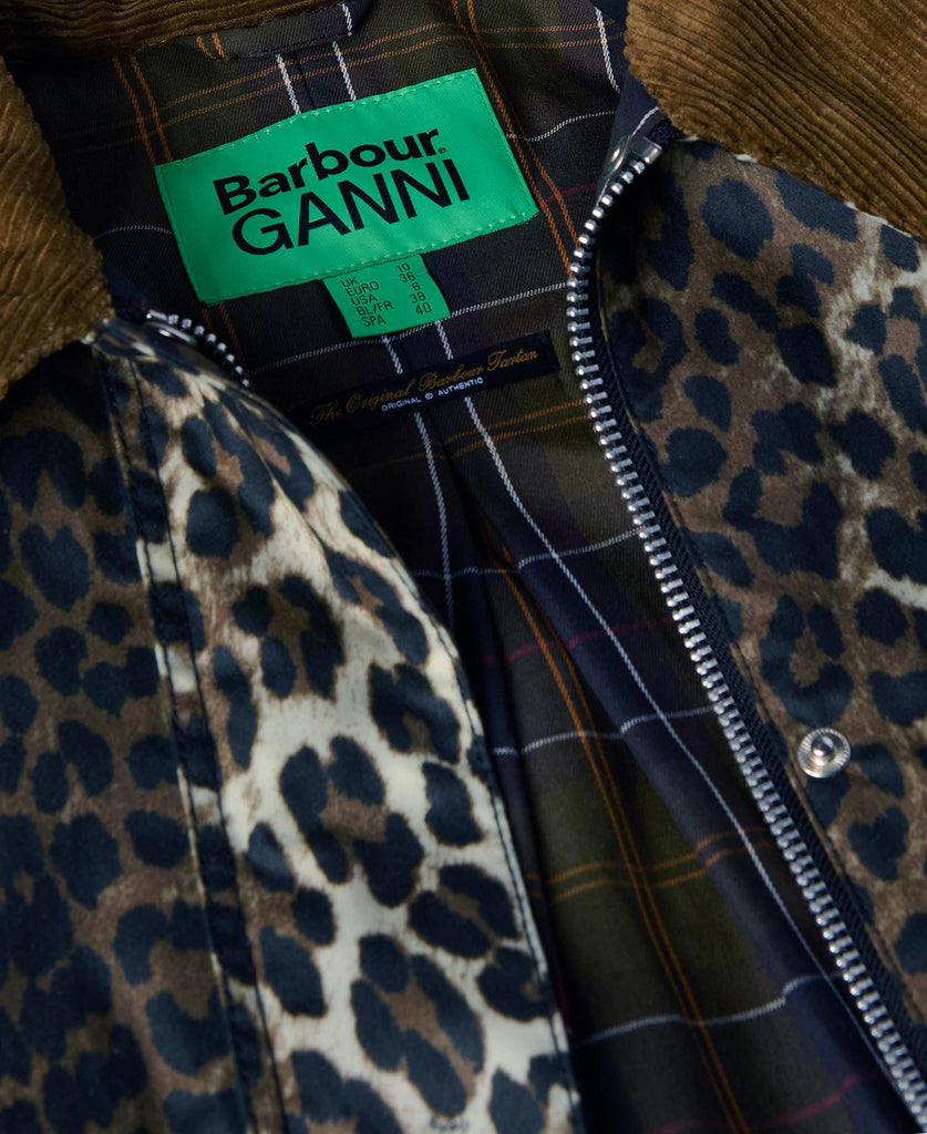 barbour GANNI collab printed leopard wax anorak cropped jacket oversized corduroy collar zip front green logo heritage LWX1454BK11 scandi F9752