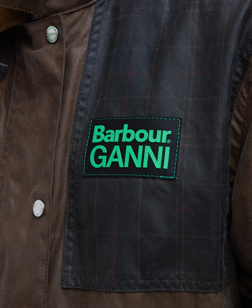 barbour GANNI collab bark brown wax duffle coat oversized corduroy collar zip front green logo heritage LWX1455BR51 scandi F9754