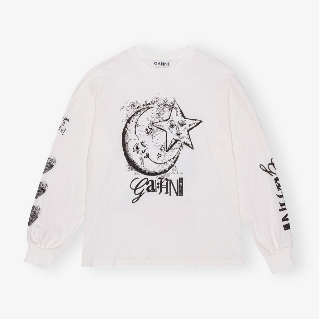 GANNI future heavy long sleeve t-shirt moon star graphic logo white egret