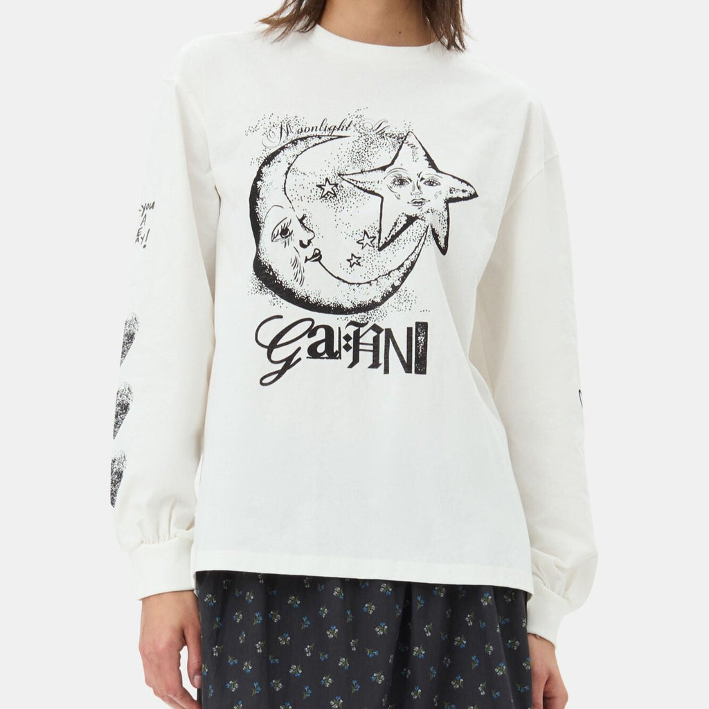 GANNI future heavy long sleeve t-shirt moon star graphic logo white egret