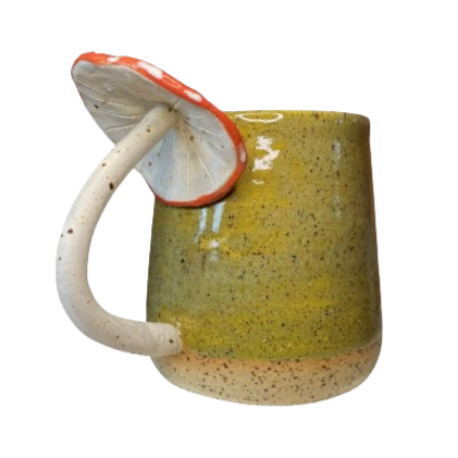 olive green glaze ceramic coffee tea XL mug with mushroom toadstool handle by Chloe Charlett