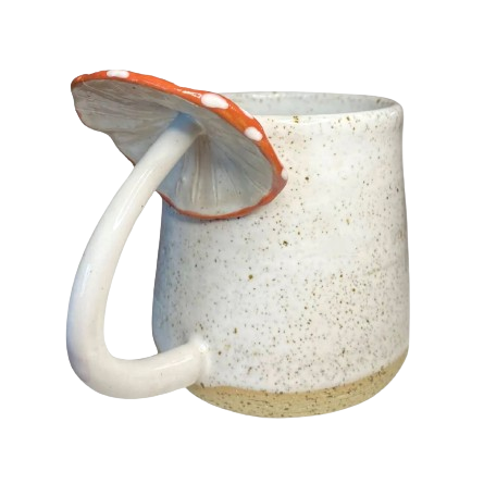 white glaze ceramic coffee tea XL mug with mushroom toadstool handle by Chloe Charlett