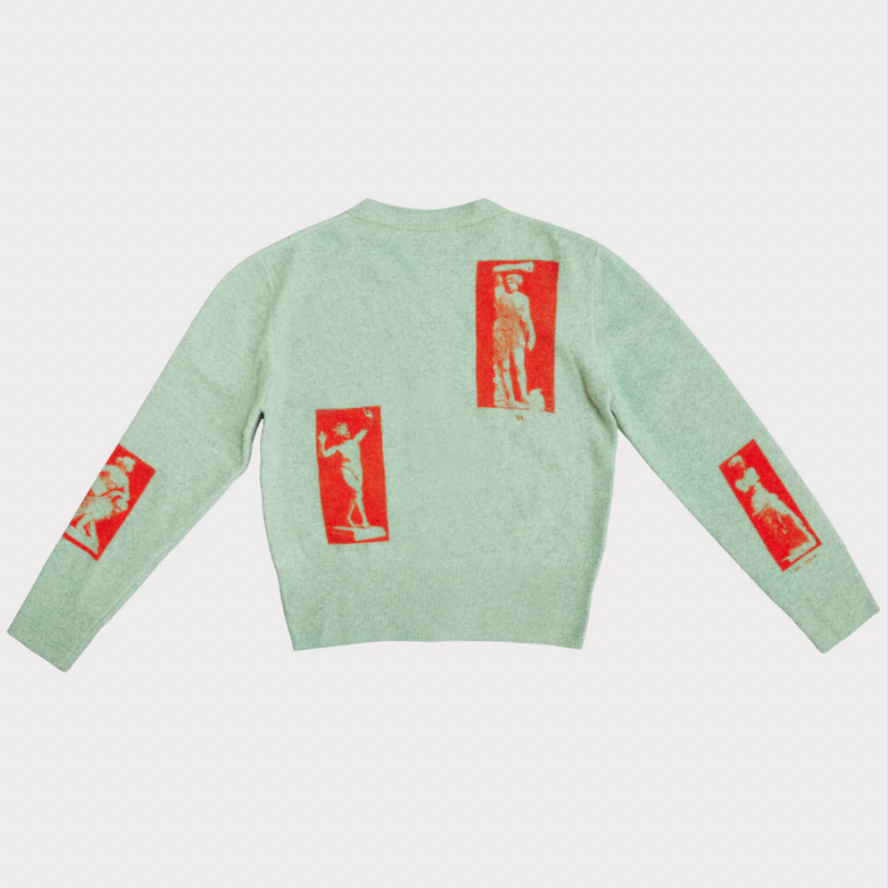 The Narcissus cardigan by UK brand HADES in turquoise and red 100% wool paul mescal gladiator