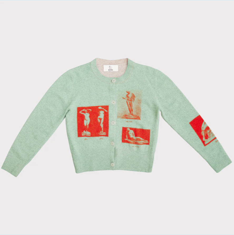 The Narcissus cardigan by UK brand HADES in turquoise and red 100% wool paul mescal gladiator