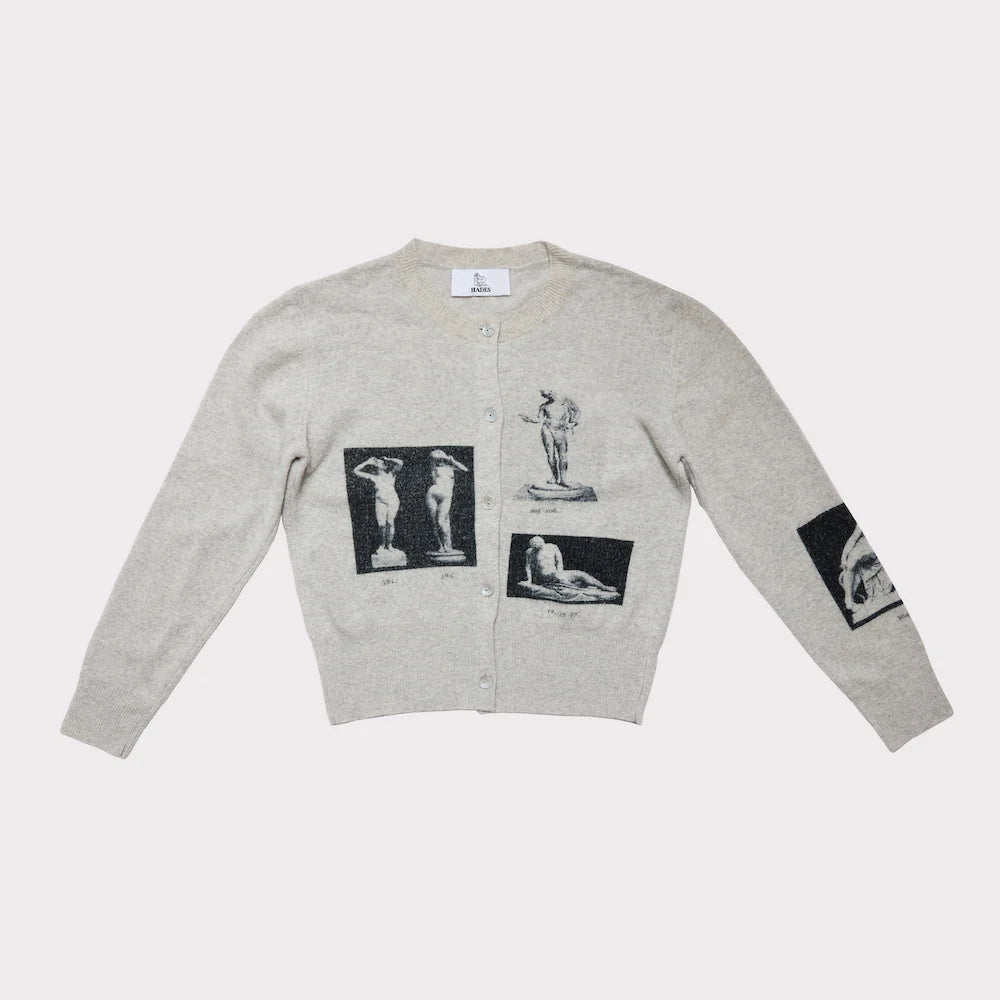 HADES Narcissus Cardigan Slate and Black printed with Greek mythology statues Narcissus Ariadne Venus de Milo as worn by Paul Mescal Gladiator